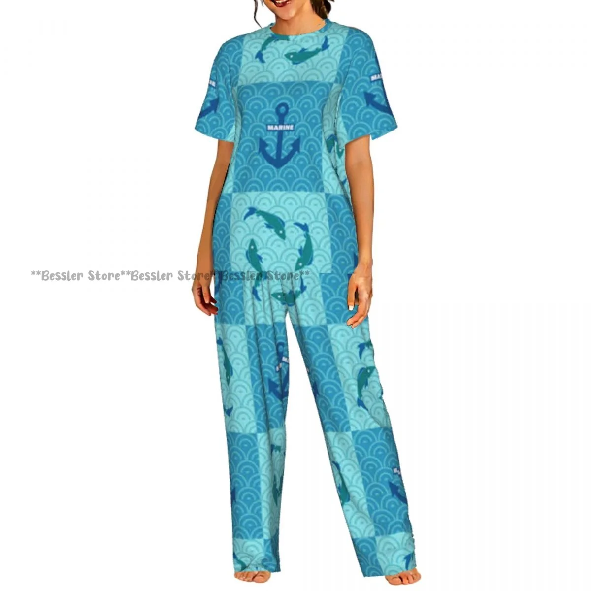 

Women Pajama Sets Lounge Sleepwear Fish Anchors Marine Wave Background Short Sleeve Nightwear