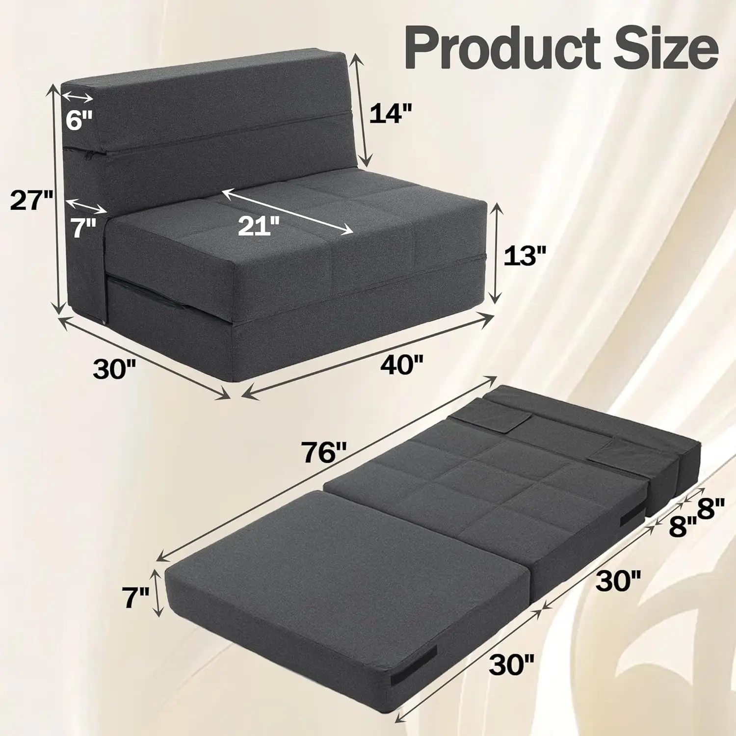 Folding Sofa Bed, 7 inch Memory Foam Floor Couch, Convertible Sleeper Foldable Mattress Futon Sofa for Living Room