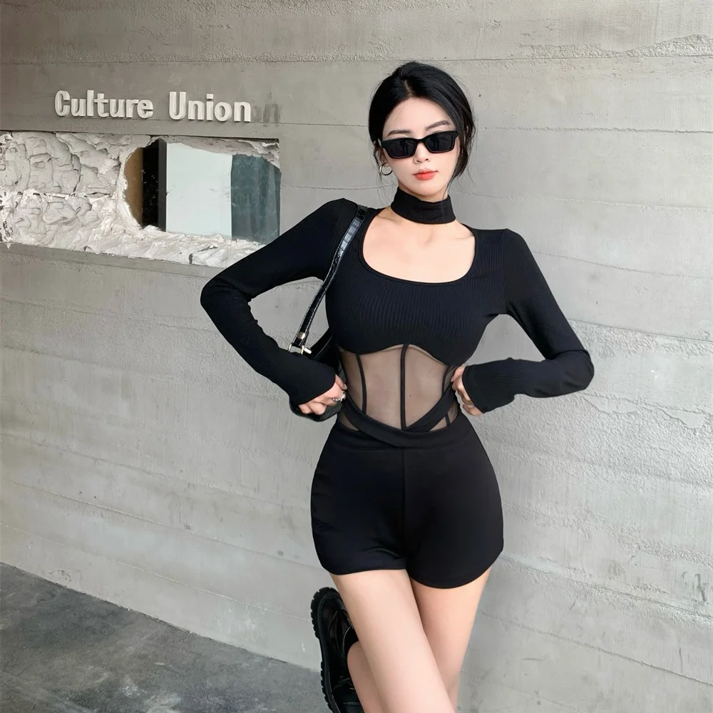 Black Lace Splice Long Sleeve Bodysuit Women's Base Shirt Sexy Trendy T-shirt Net Patchwork Elegant All Seasons Fashion