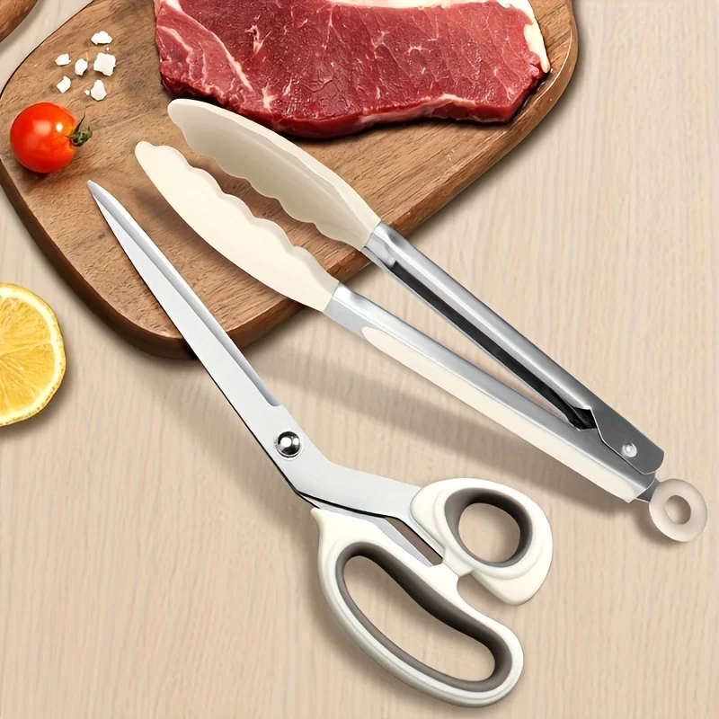 2pcs BBQ Scissors And Tongs Set, Stainless Steel Kitchen Shears For Steak, Vegetables, Food Cutting, Outdoor Grill Clip Tool, Fo