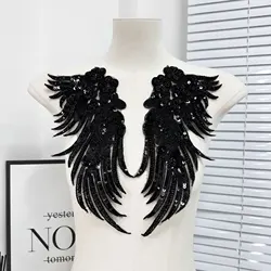 Sequin Black And White Wings Embroidered Flowers for Floral Wedding Dress Performance Dance Dress Accessories Applique