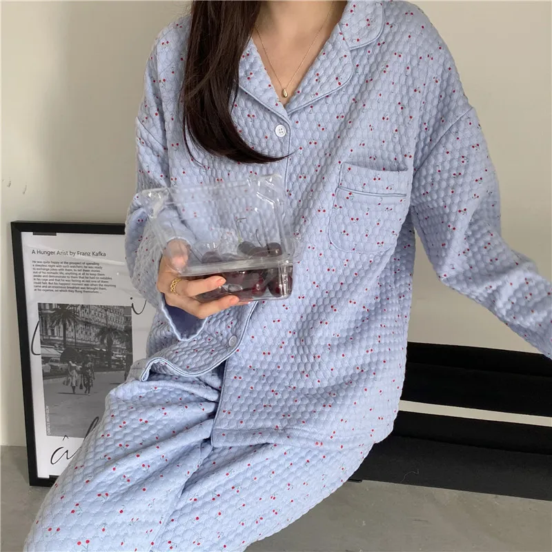 100% baumwolle Pyjama Sets Frauen Nette Print Herbst Langarm Nachtwäsche Lose Süße Mädchen Länge Hosen Pyjama Set Lounge Homewear