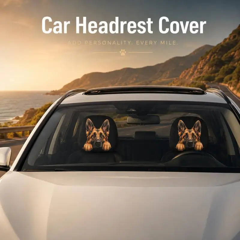 German Shepherd Car Headrest Cover, 2D Double-Sided Print Stretch Universal Car Seat Headrest Decor