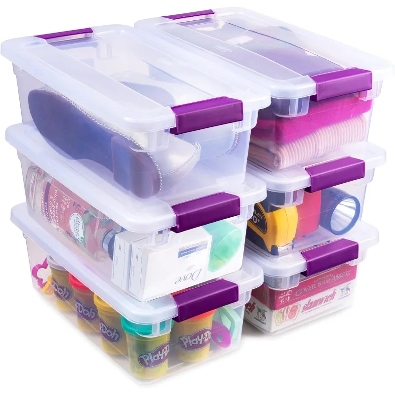 Sterilite 6 Quart Stackable Plastic Storage Bins with Lids and Latches (6 Pack) - Bundled with Labels and Marker