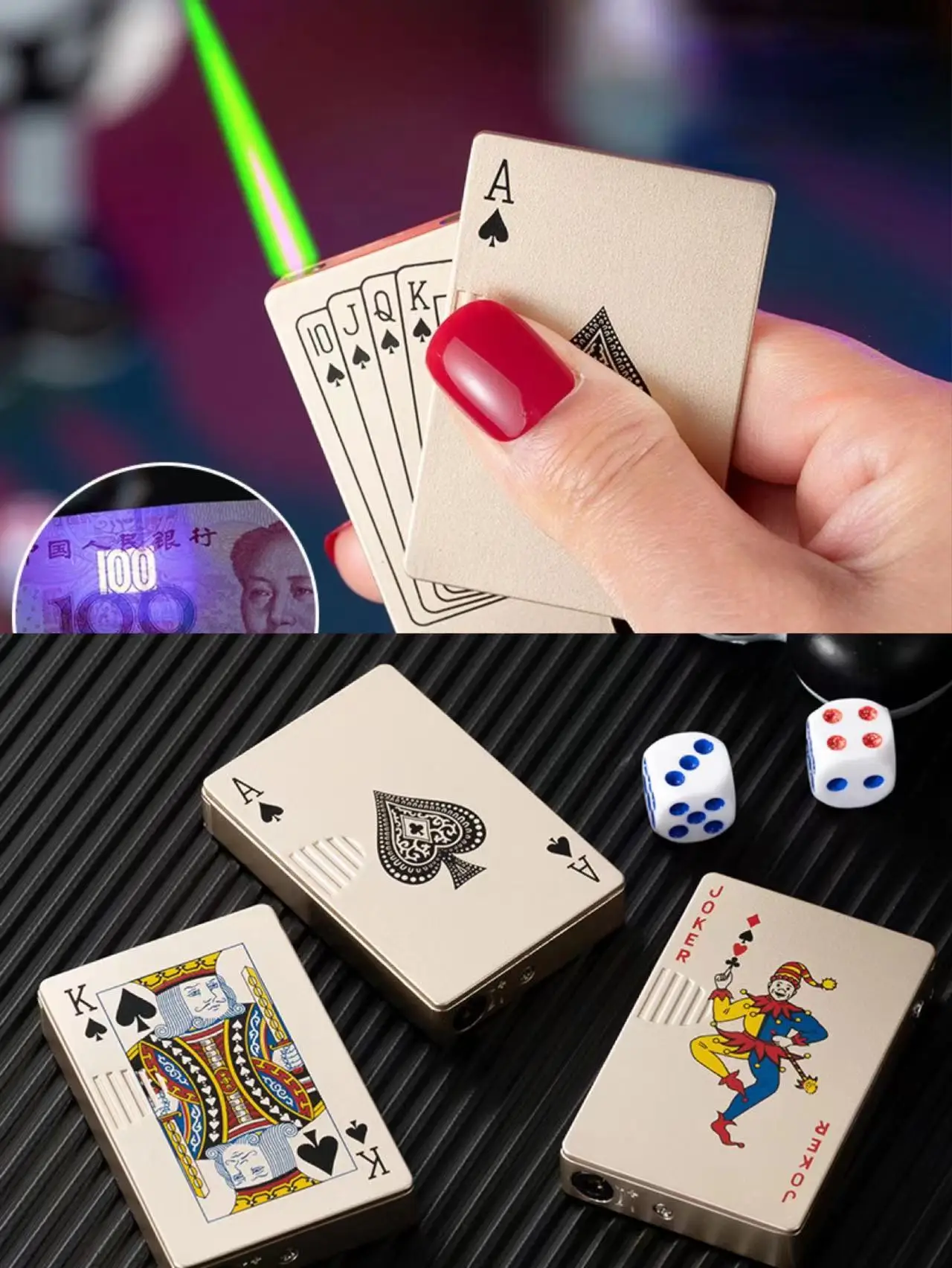 Creative Jet Flashlight Green Flame Poker Lighter Metal Windproof Playing Card Lighter Fun Toys Smoking Accessories Men\'s Gift