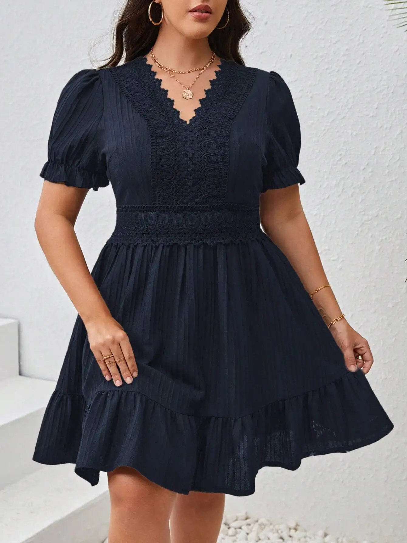 

Plus Size Lace Patchwork Puff Sleeve Summer Dress