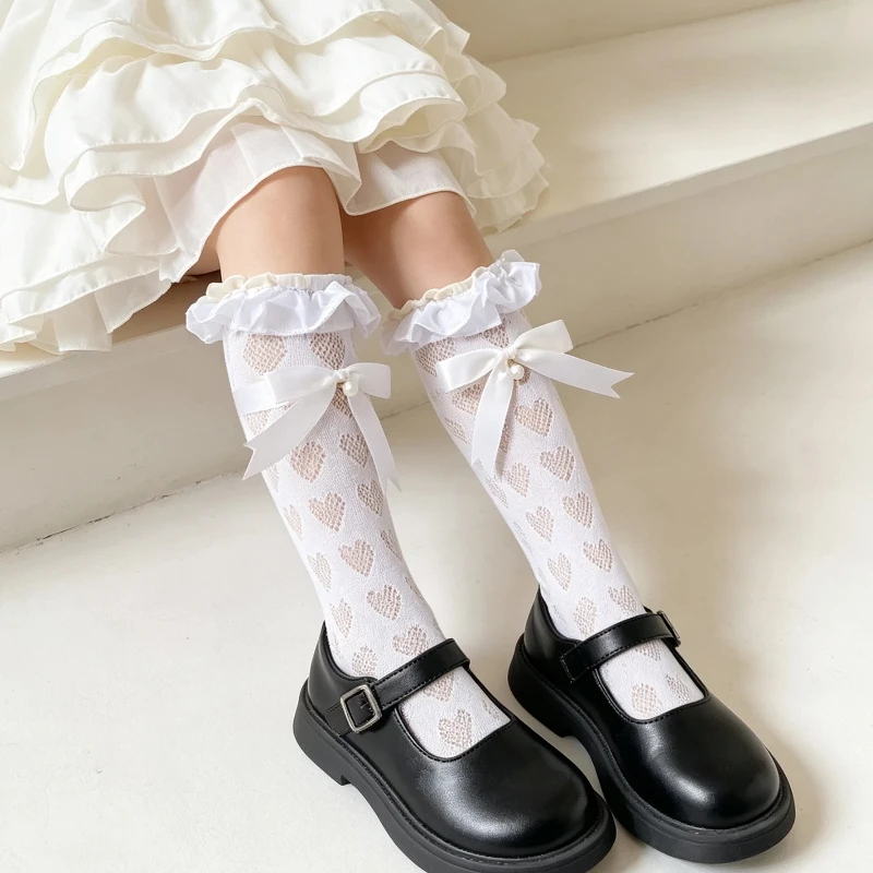 Kawaii Kids Long Socks For Girls Heart Breathable Mesh Pearl Pendant Big Satin Bowknot Smooth Satin Trim Soft Elastic Stockings
