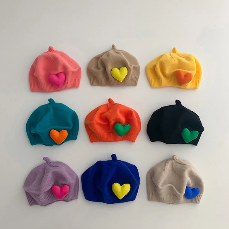 

Lovely Heart Baby Berets Kids Boys Girls Soft Warm Knitted Hats Fashion Children Autumn Winter Caps 10 Colors