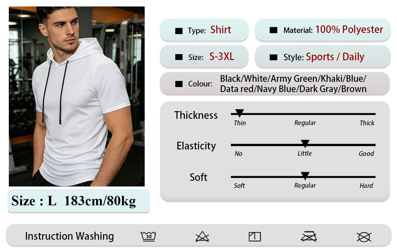 Herren Muscle Fit Kapuzen-Kurzarm-T-Shirt Schnelltrocknend Atmungsaktiv Pullover Sportliches Oberteil Fitness-Studio Workout Tägliches Casual Sport-Top – Detail 3