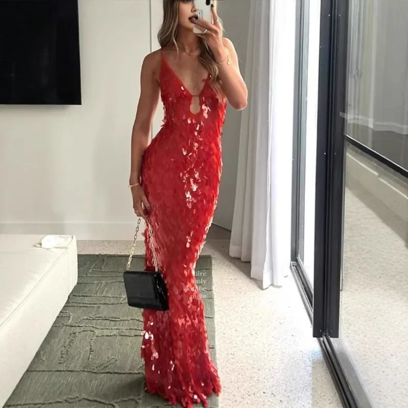 

2025 Glitter Sequins Spaghetti Straps Women's Evening Dress Sleeveless Backless High Waist Floor Length Lady Birthday Party Gown