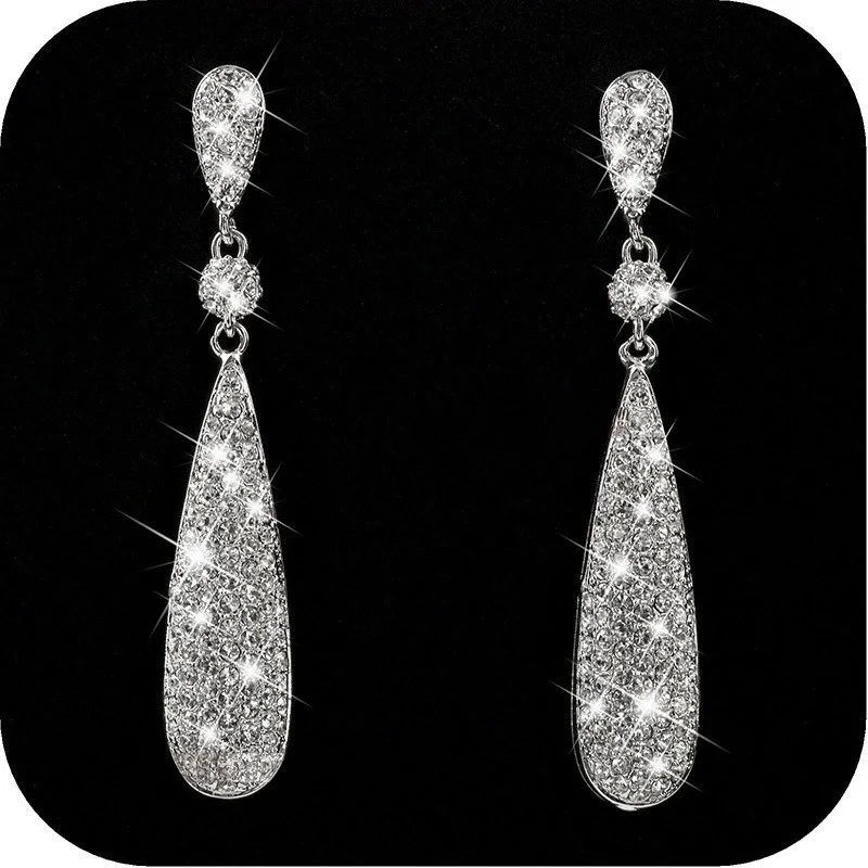 Luxury Sparkling Crystal Rhinestones Dangle Earrings for Women Wedding Long Drop Engagement Earring Bridal Aesthetic Jewelry