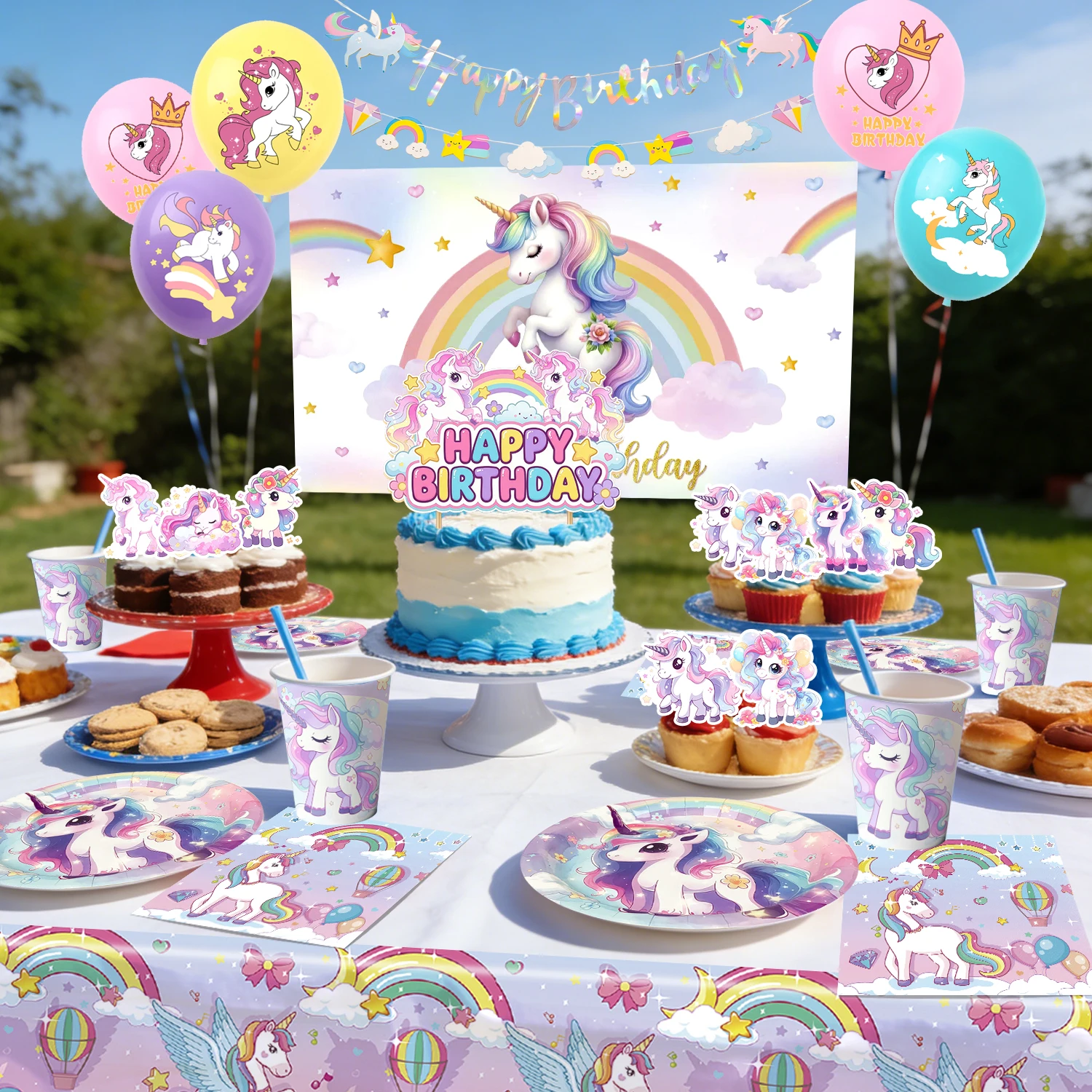 98 Pcs Rainbow Unicorn Party Supplies- Unicorn Plates Napkins Banner Balloons etc Unicorn Birthday Party Decorations Tableware view 2