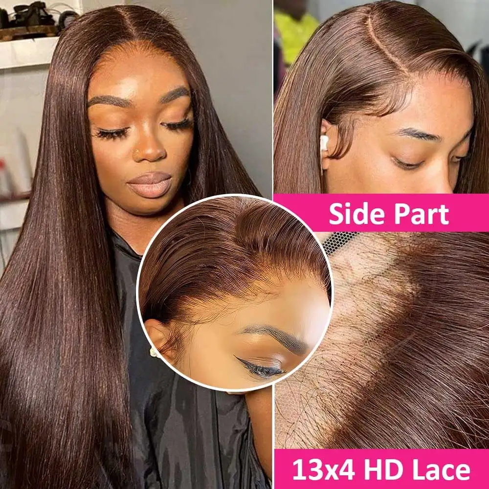 Chocolate Brown Straight Human Hair Wigs 13X4 HD Lace Frontal Wigs Colored Brazilian Bone Straight Lace Front Wigs For Women image 4