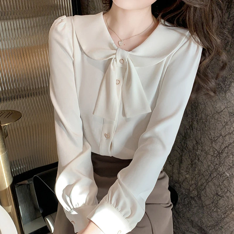 Fashion Chiffon Blouses for Women Clothing Solid Lady Shirts Long Sleeve Sweet Females Elegant Tops Bow Puff Sleeve Dropshipping