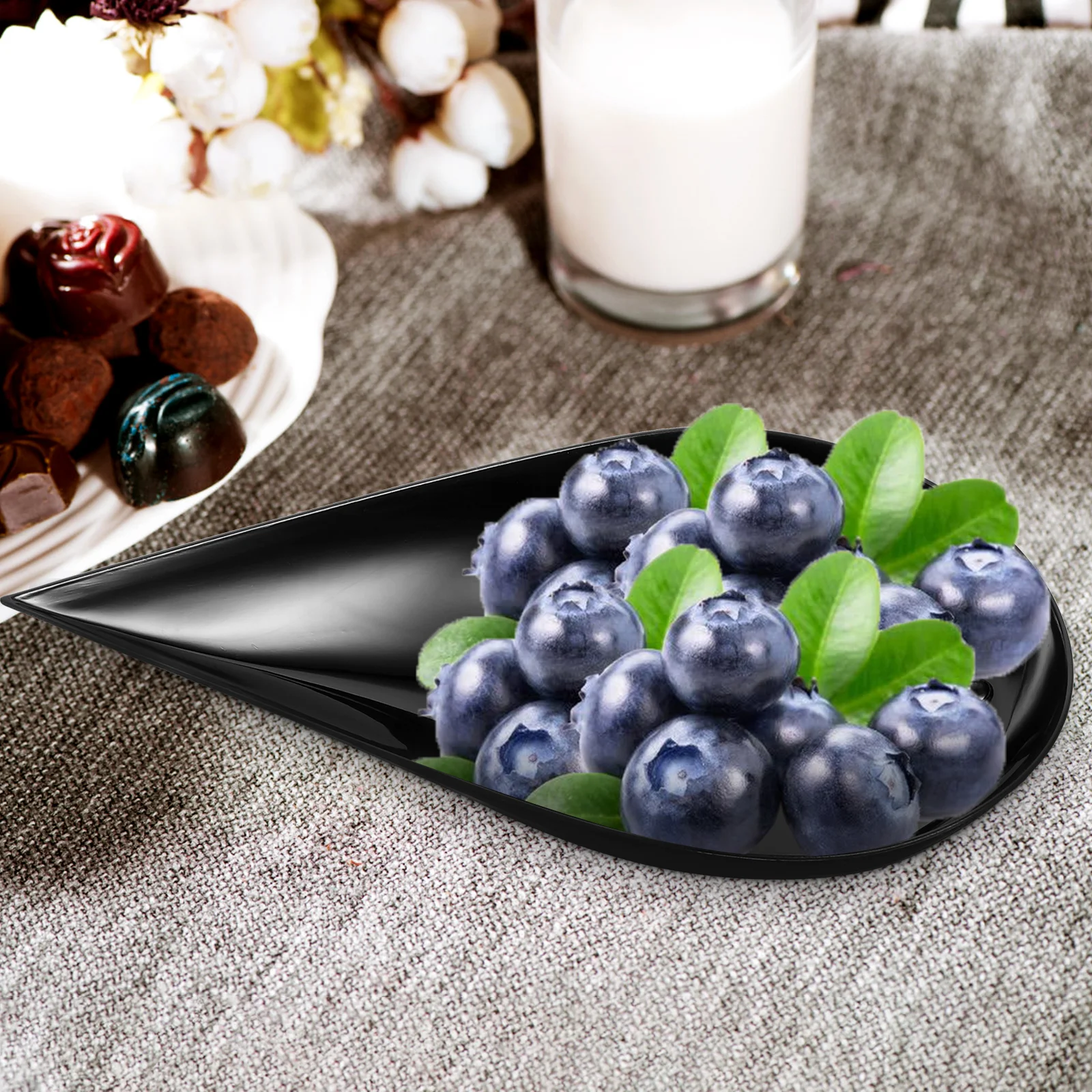 Colher de sobremesa preta transparente, prato de lágrima para frutas, doces, servir aperitivo, mini pratos, portátil, catering, item de cozinha, 100 peças