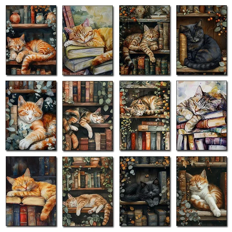 Cute Cat and Book Poster Victorian Moody Bookish Stack Books Canvas Painting Wall Art for Dark Academia Library Home Decor