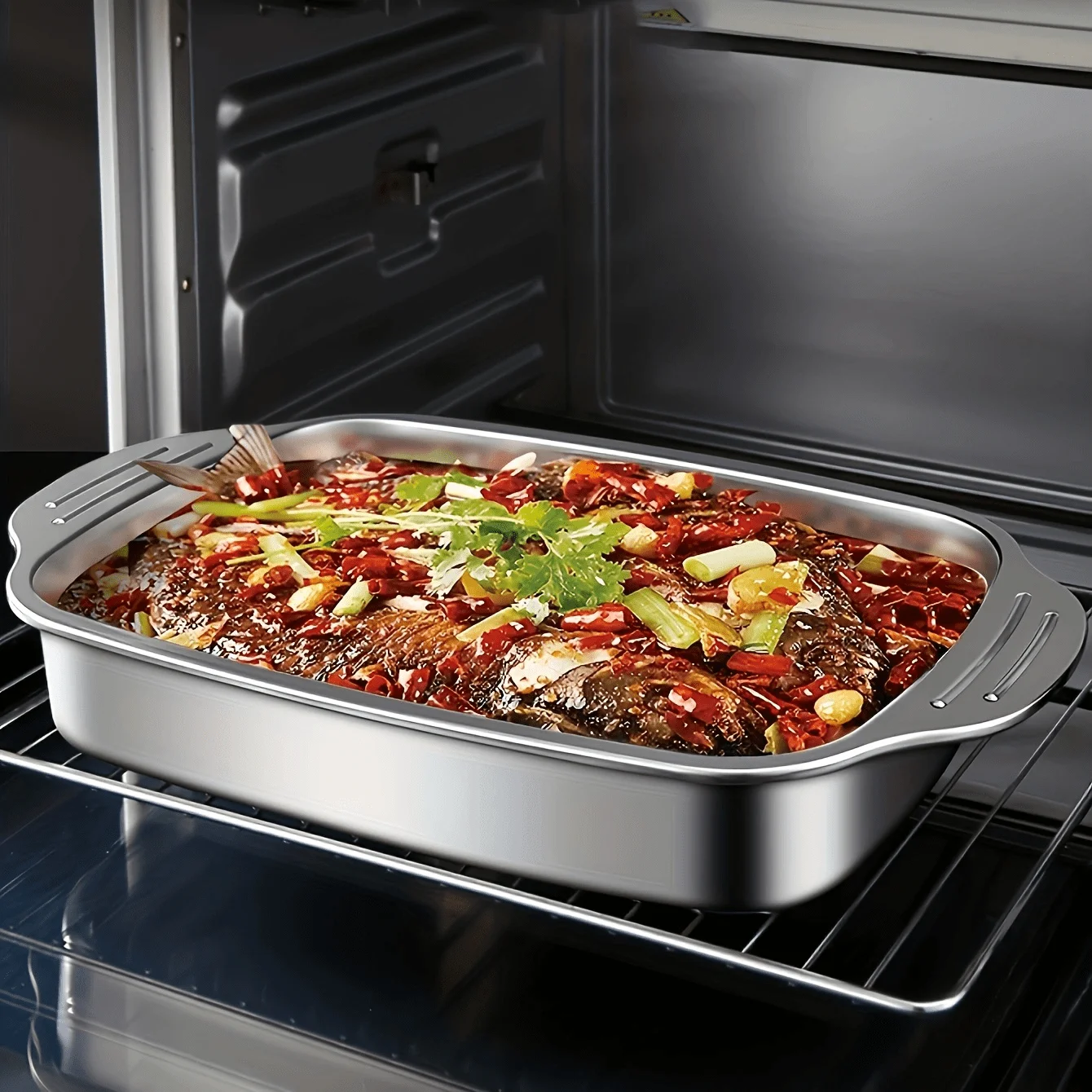 

14.56x8.66in Stainless Steel Baking Pan - Deep, High-Temp Resistant with Handle, Oven/Kitchen Baking Tool
