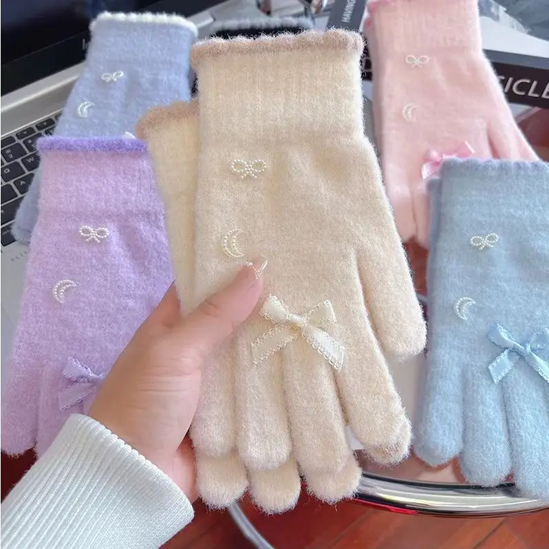 قفازات شتوية نسائية مع ديكور على شكل قمر على شكل فيونكة، قفازات حرارية مريحة فائقة النعومة، هدية أنيقة لها