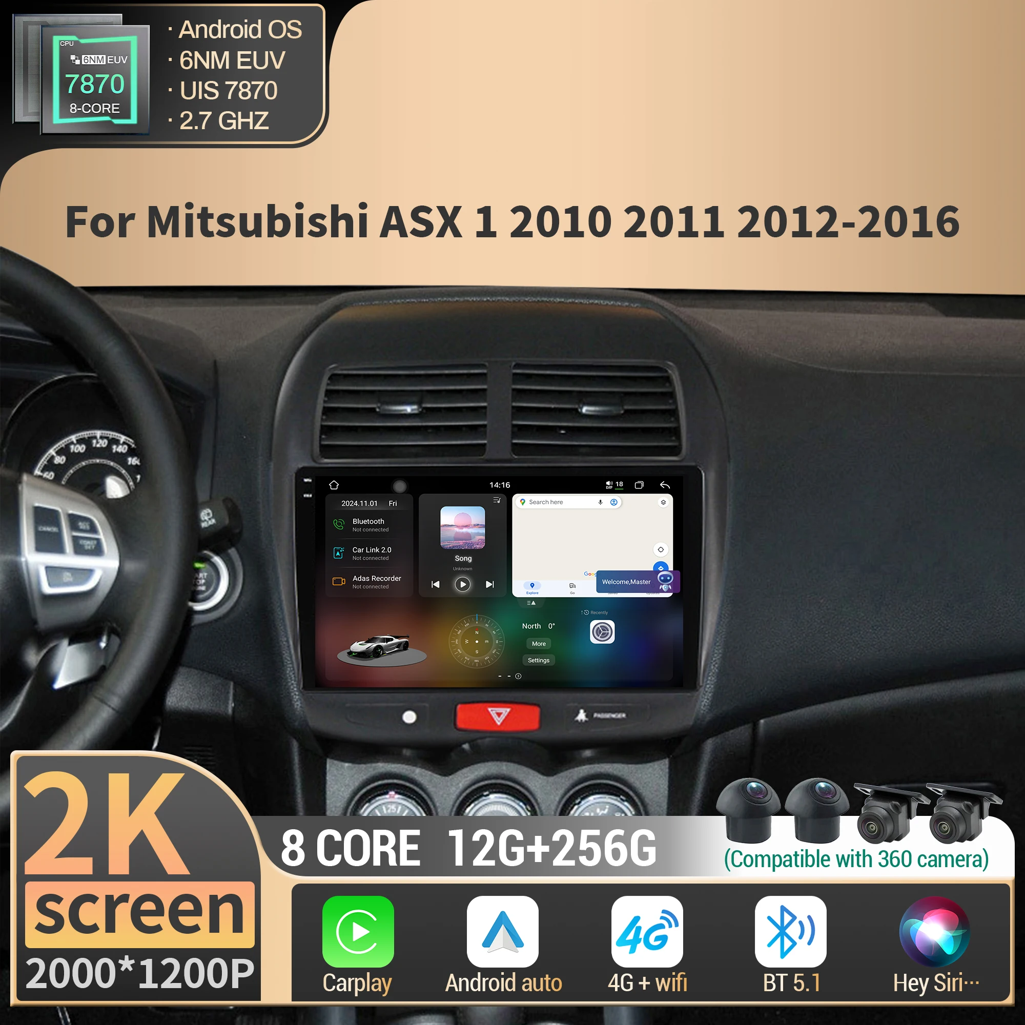 

For Mitsubishi ASX 1 2010 2011 2012-2016 Car Radio Multimedia Wireless BT Carplay 4G GPS CPU 7870 Android 2K QLED Screen