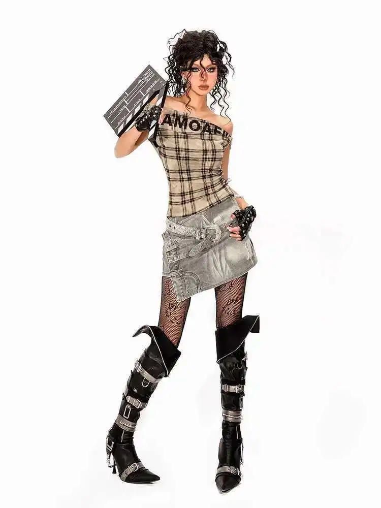 

Plaid Off-Shoulder Short Sleeve T-Shirt For Women Irregular Design Sleeveless Hot Girl Asymmetrical Top