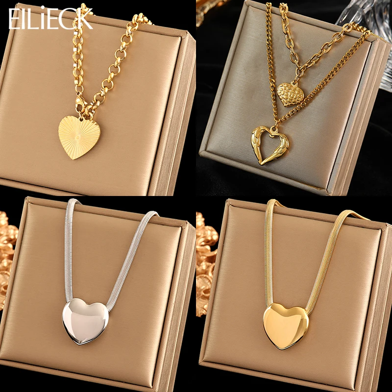 EILIECK 316L Stainless Steel Large Heart Love Pendant Necklace For Women New Trendy Charm Neck Chain Waterproof Jewelry Gift