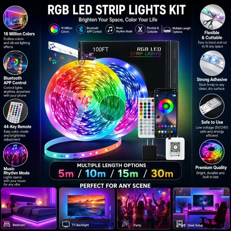 RGB LED Strip Lights 24V App Bluetooth Music Sync 44 Key Remote Flexible Tape for Bedroom Party Gaming TV Decor LED Strip Lights