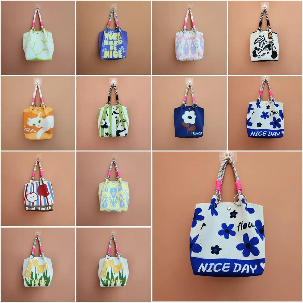 

Portable Cartoon Knitted Bucket Bag Handmade Woven Ring Buckle Shoulder Bag Large Capacity Wrist Bag for Women Girls