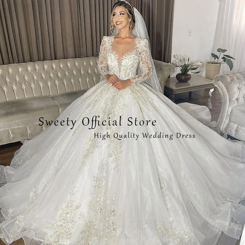 Luxurious Wedding Dress Embroidered Lace On Net With Beading Princess Ball Gown Train O-Neck Full Sleeve Button Vestido De Novia