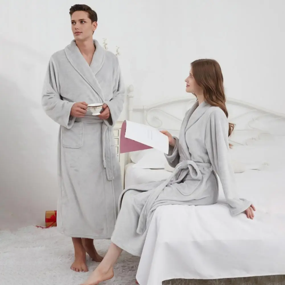 Warm Loungewear Robe Flannel Bathrobe with Lapel Collar Waist Tie Long Sleeve Soft Couple Loungewear Cozy Nightwear Robe