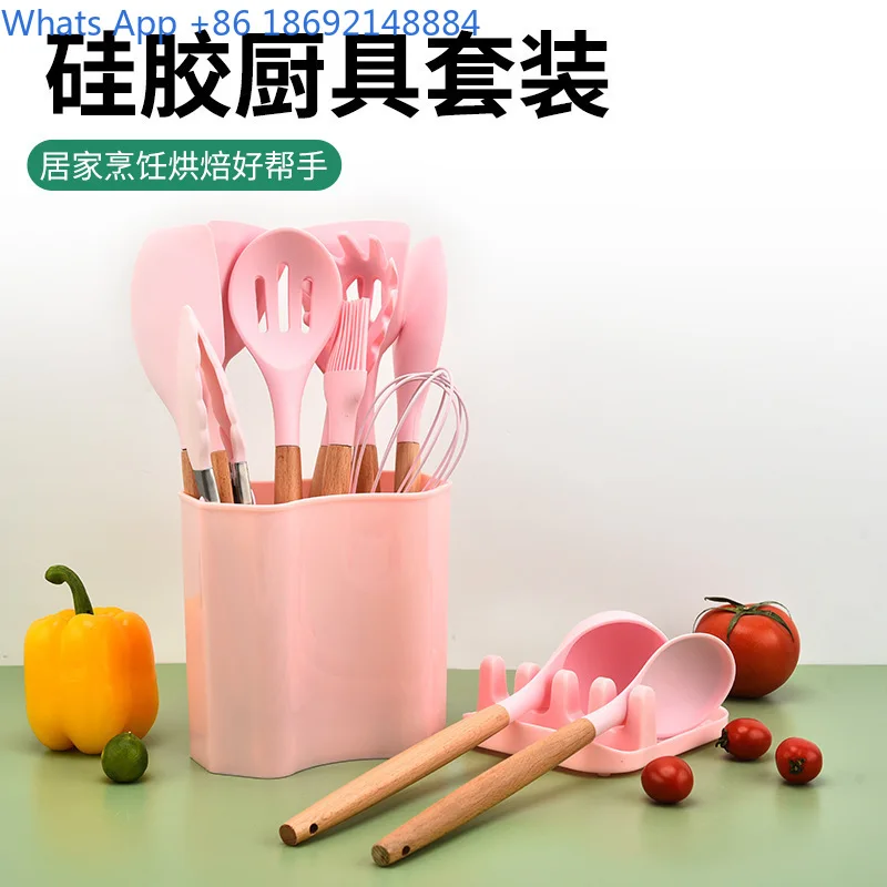 

13-Piece Silicone Kitchen Utensils Set with Wooden Handles for Home Cooking, Including Spatulas, Ladles, and Soup Ladles