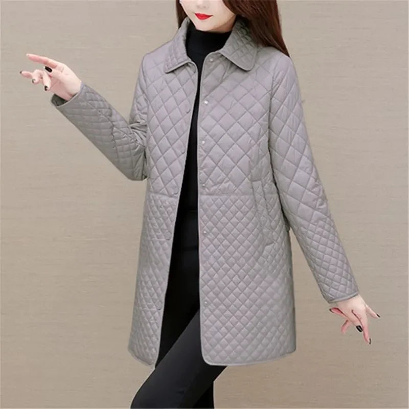 Medium Long Large Sized igh End Diamond Checkered Cotton Coat Women\'s Winter New Casual Light Thin Cotton Jacket Female