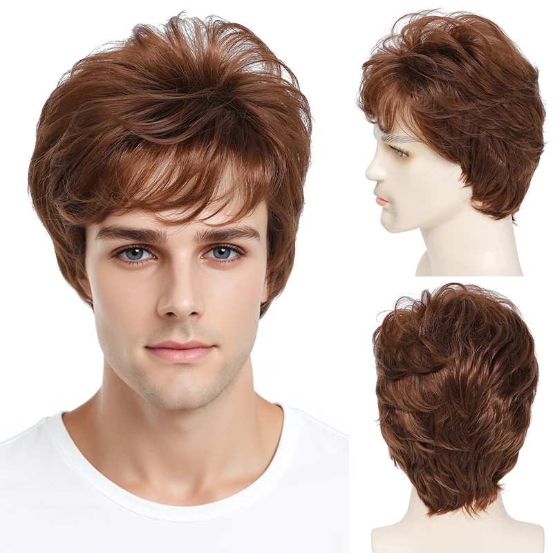 

Мужской парик в европейском и американском стиле из синтетического волокна, модный короткий парик коричневого цвета - парик из синтетического волокна
