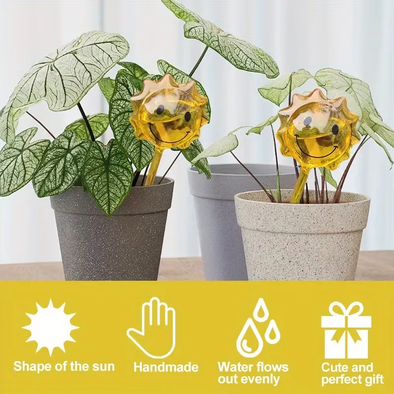 Three sun-shaped self-watering posts - durable plastic pot-shaped balls, automatically releasing moisture