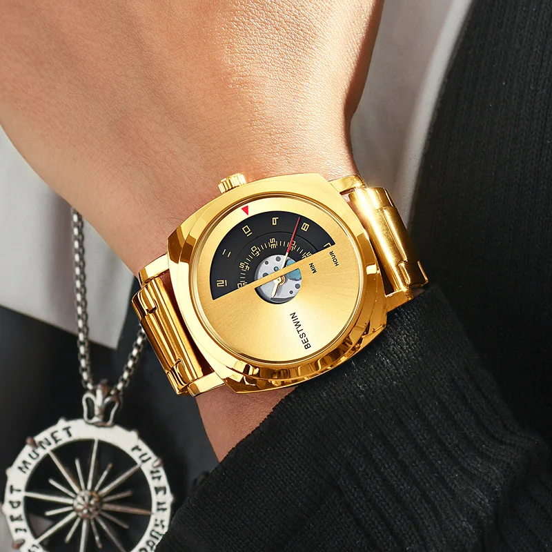 Unique Creative Men's Watch Fashion Gold Steel Strip Sports Waterproof Quartz Pointer Folding Buckle Watch Reloj