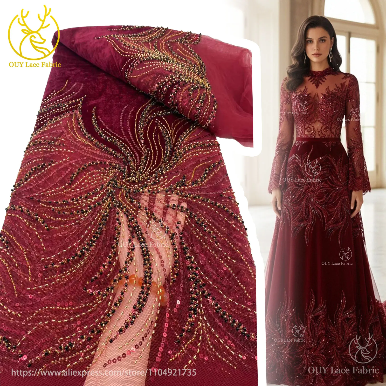 قماش دانتيل مخملي أفريقي عنابي 2025 تصميم نيجيري فرنسي مطرز بالترتر أقمشة الدانتيل لحفلات الزفاف أقمشة الخياطة #1