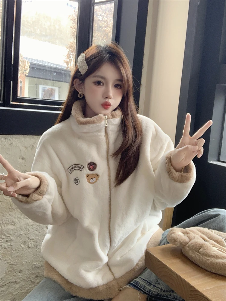 

Милые кавайные женские пальто, зимние плотные мультяшные пальто с вышивкой, корейская консервативная куртка на молнии, свободная повседневная студенческая милая волосатая верхняя одежда, новинка