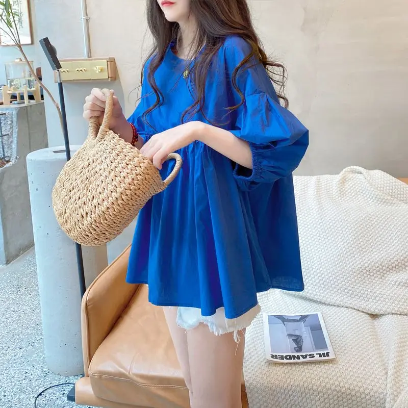 Korean Loose Pleated Blouse Short Sleeve Solid Color All-match Youth Trend Shirt Tops Casual Fashion Summer New Women Clothing