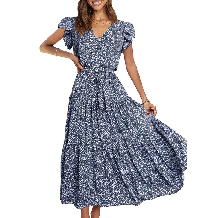 Verão floral envoltório com decote em v plissado a linha cinto em camadas estilo boêmio vestido elegante casual longo vestido floral para mulher