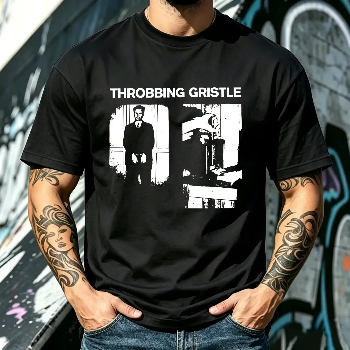 washed T Shirt Vtg Throbbing Gristle Band Heavy Cotton All Size Black K079 long or short sleeves vintage Washed homme Unisex