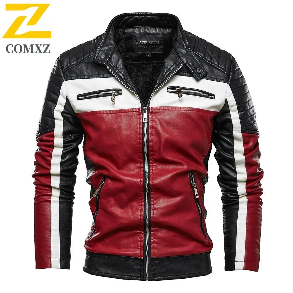 Men Yellow PU Leather Jacket Patchwork Biker Jackets  Casual Zipper Coat Male Motorcycle Jacket Slim Fit Fur Lined Outwear Coat