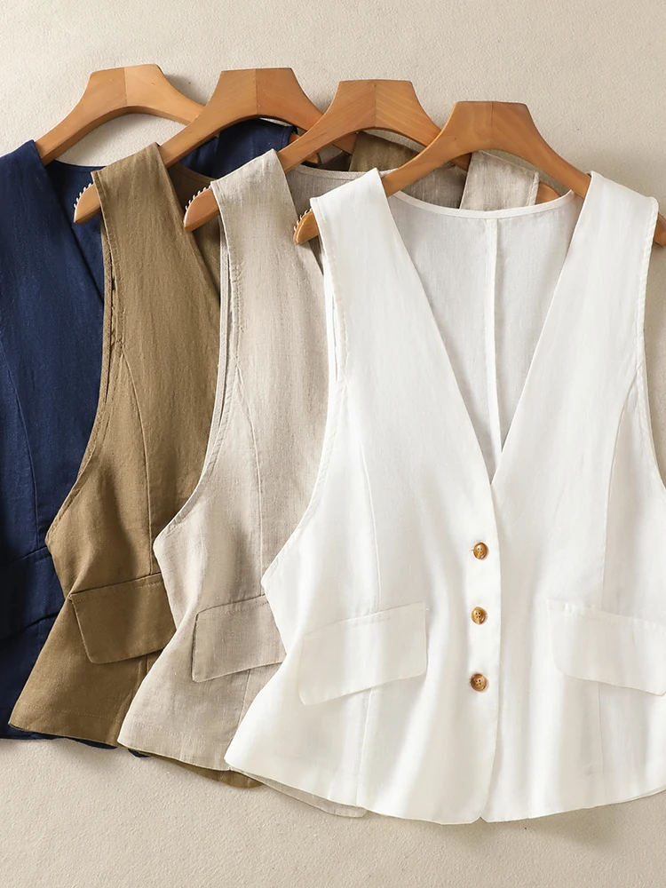 

Summer New Style Cotton Linen Sleeveless Vest Outerwear Large Size Women's Single Button V-neck Casual Versatile Vest Top