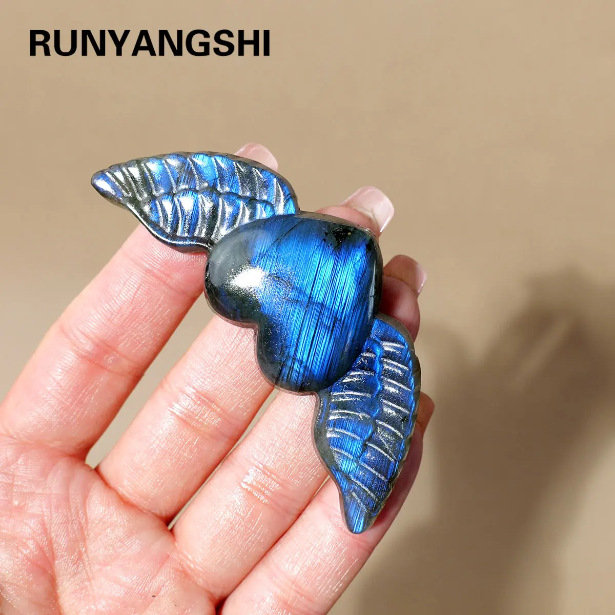 

1PC Natural Healing Stones Labradorite Crystal Crafts Blue Flash Love Wings Statue Pocket Crystals Figurine