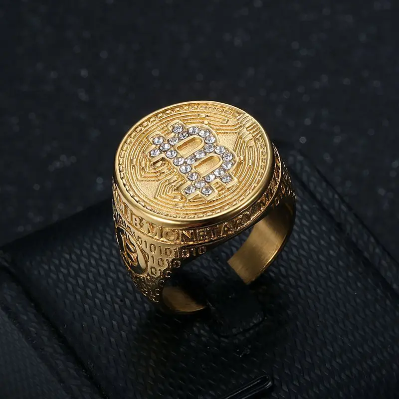 Stainless Steel Titanium Hip Hop Bling Iced Out Bitcoin Punk Rings for Men Women Couple Boyfriends Gift Fashion Jewelry