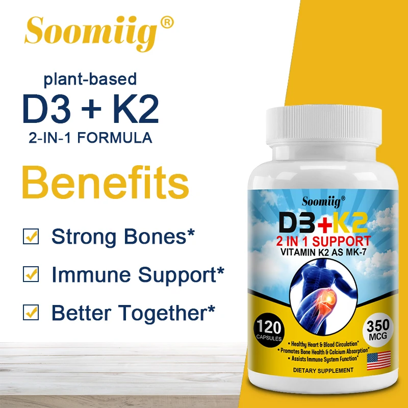 Vitamin D3 K2 Capsules, 5000 IU D3 + 225mcg K2, Calcium Absorption, Muscle, Bone Regeneration, Heart & Immune Support, Non-GMO