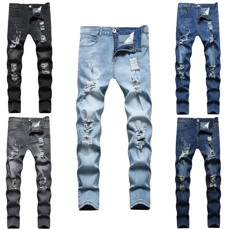 Jeans Men Hole Distressed Pencil Pants Slim Fit Vintage Zipper Fly Pockets Solid Colour Washed Denims Ankle Length Trousers
