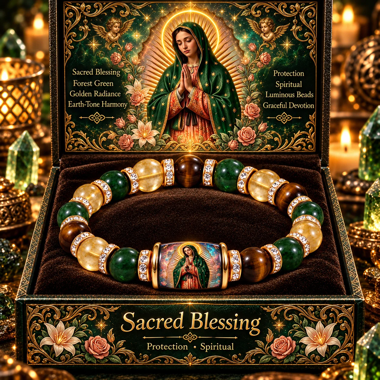 Guadalupe Madonna Bracelet, Women's Yellow Crystal Tiger Eye Stone Beaded Elastic Bracelet,Spiritual Faith Jewelry Gift (No box)