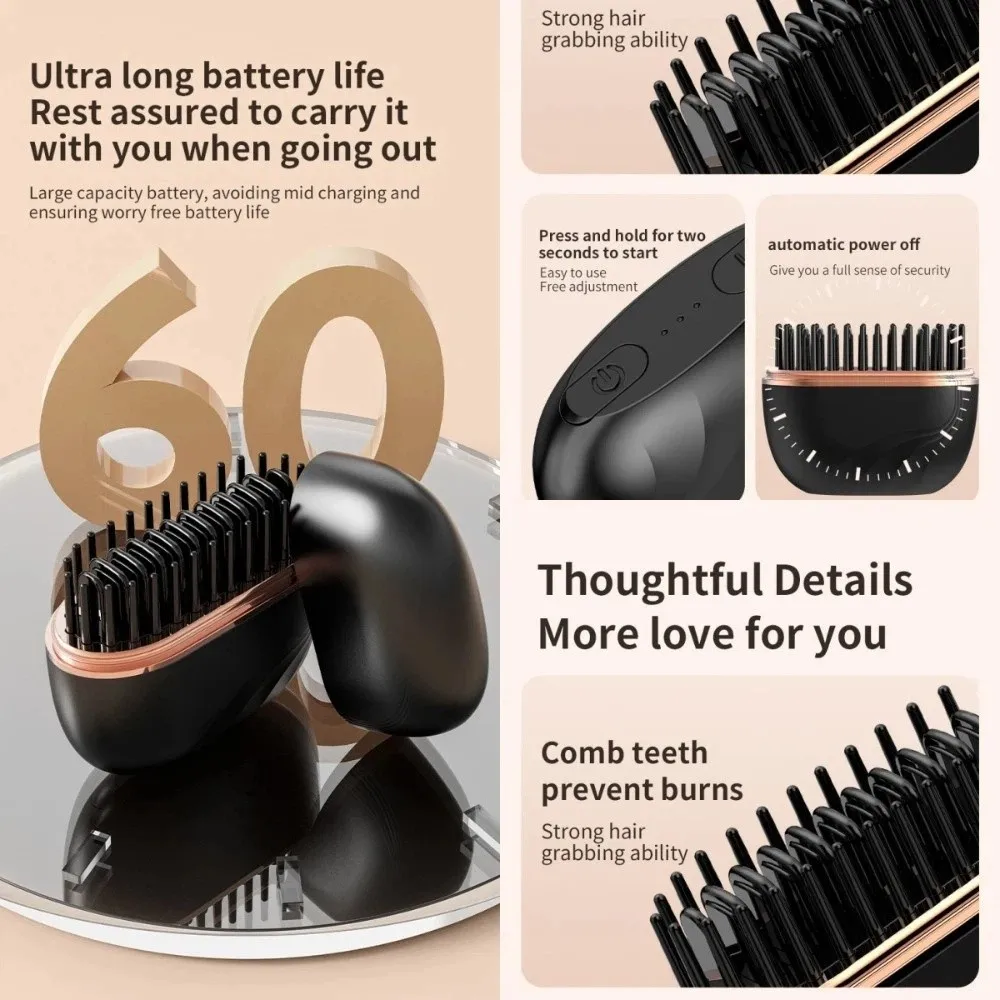 USB Charging Wireless Bangs Comb Fast Heating Cordless Hair Styling Iron Frizz-Free Mini Pocket Portable Hair Straightener