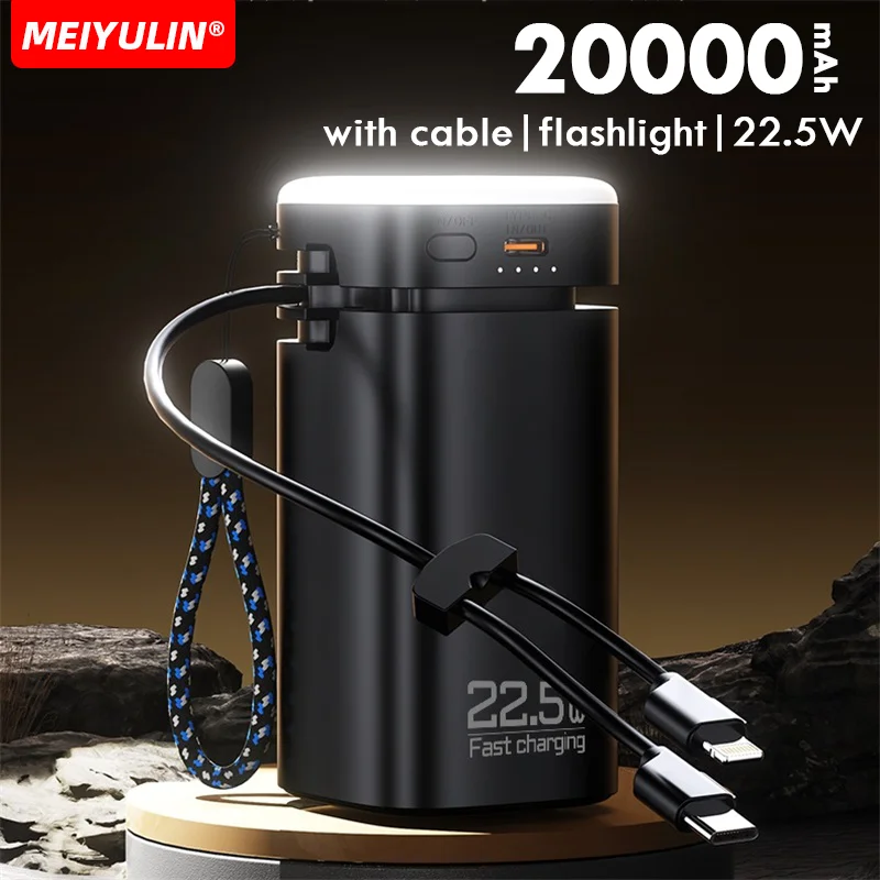 Banque d'alimentation portable de grande capacité avec câble, batterie de rechange externe, charge rapide, USB C, 20000mAh, iPhone, Xiaomi, Samsung