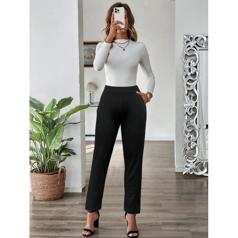 2025 Minimalist Slim Straight Trousers Women Regular Waist Breathable Slimming Solid Black Office Party  - view 4