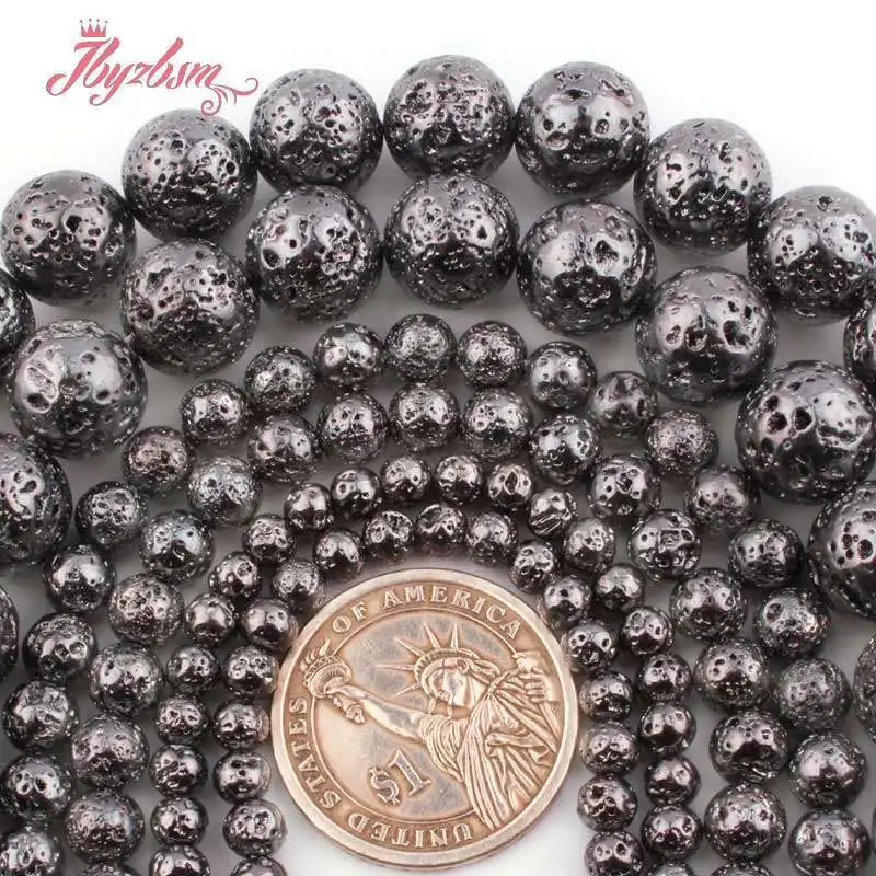 

6/8/10mm Black Lava Rock Round Volcanic Sponge Natural Stone Loose Beads Strand 15 inch for DIY Charm Accessories Jewelry Making